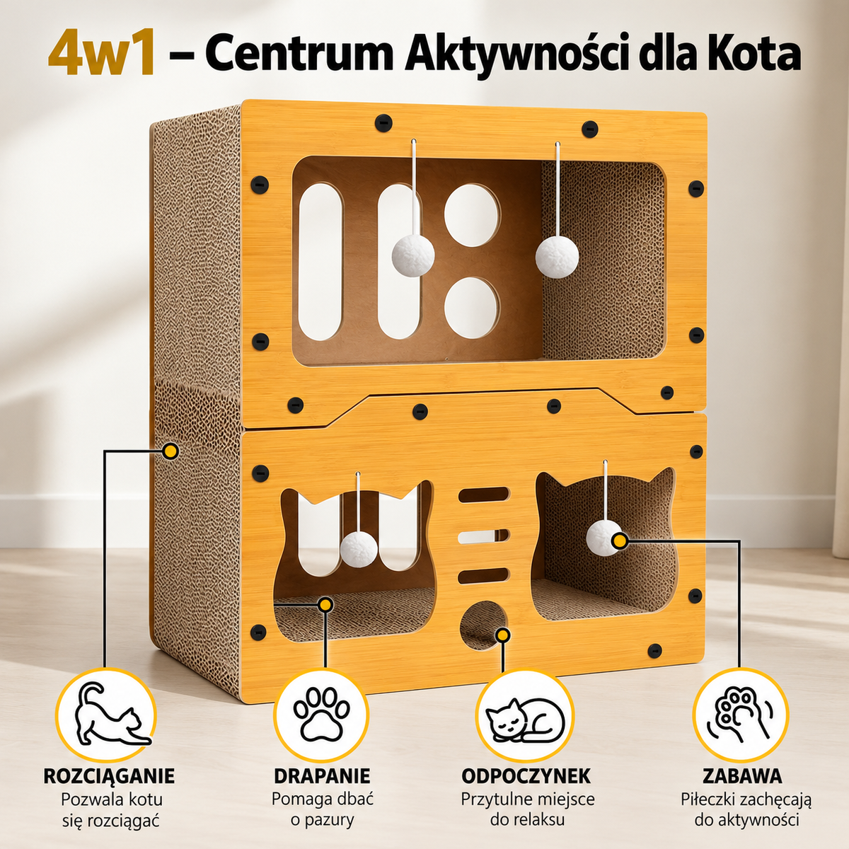 MiauBox 4w1 – Domek, Drapak i Centrum Zabawy dla Kota 🐱
