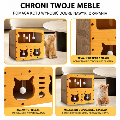 MiauBox 4w1 – Domek, Drapak i Centrum Zabawy dla Kota 🐱